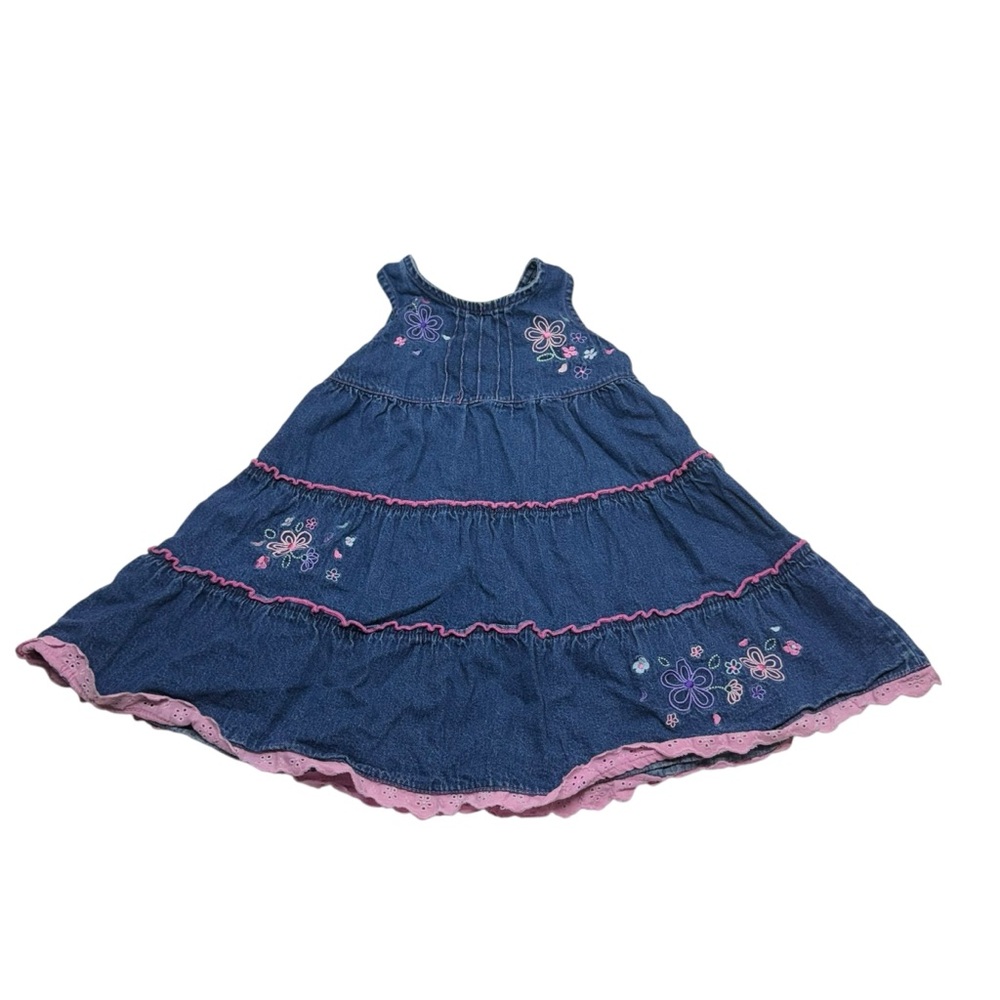 Blueberi Boulevard Y2K Denim Floral Embroidered Tiered Dress